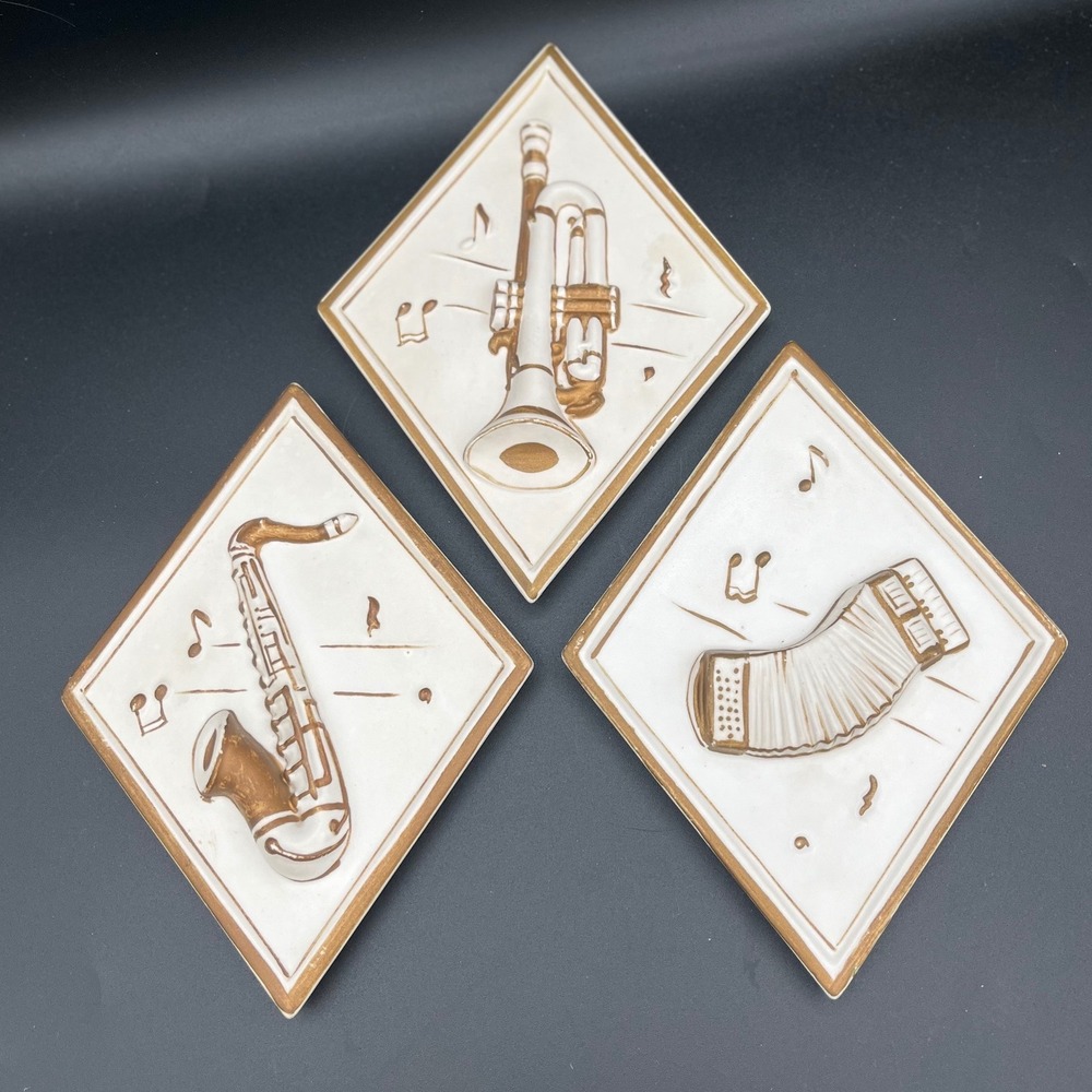 Lefton Diamond Wall Plaques MCM Set Of 3 Musical instruments Gold‎ trim